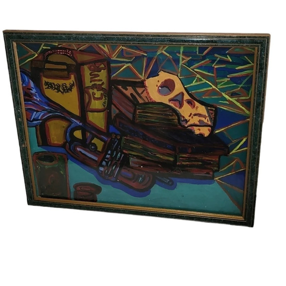 Still Life Trumpet Books Skull Blue Red Painting Framed - Picture 1 of 3